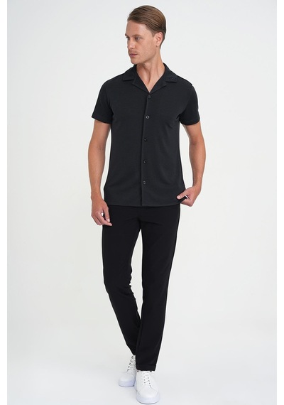 Efor Slim Fit Apaş Yaka Modal Karışımlı Kısa Kol Siyah Gömlek G 1590 Siyah