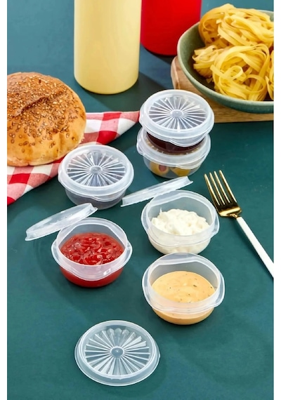 6 Lı Yelpaze Kapaklı Şeffaf Mini Sosluk- Ketçap Mayonez Kabı- Kahve Yanı Şeker Lokumluk Renkli