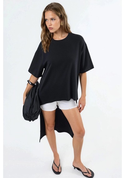 Hiccup Busem Yırtmaçlı Oversize Bisiklet Yaka Tunik Siyah