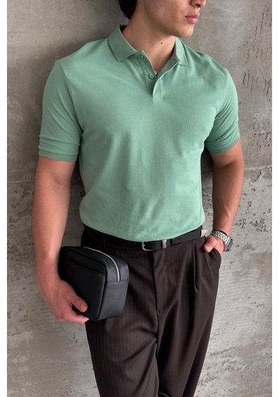 Erkek %100 Pamuk Düğmeli Polo Yaka T-shirt Yeşil