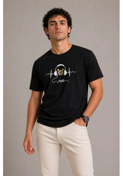 Novalisse Erkek Müzik Temalı Baskılı Tişört Bisiklet Yaka Kısa Kol T-shirt - Siyah Çoklu Renk
