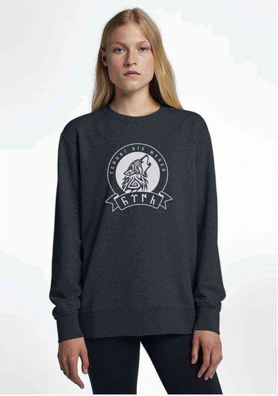Göktürk Tengri Biz Menen Baskılı Füme Antrasit Kadın Sweatshirt