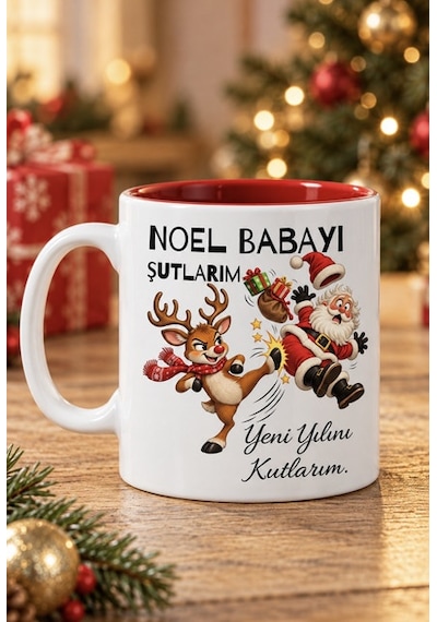 Mesela Yılbaşı Kupası Noel Babayı Şutlarım Desenli Kırmızı İçli Hediyelik Kahve Kupa Bardak Beyaz