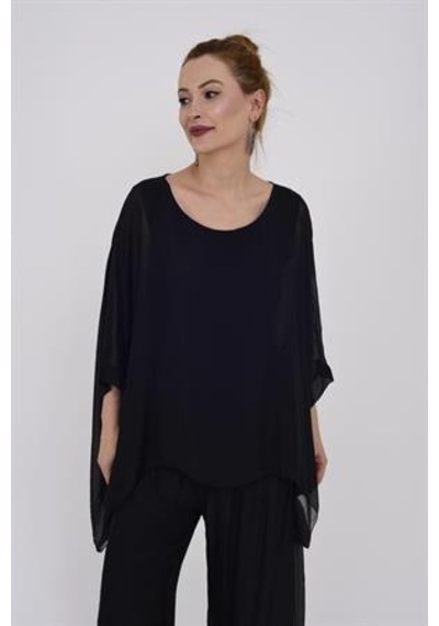 Bohem Stil İtalyan Yarasa Kol İpek Bluz & Pantolon Takım-8767 K.siyah Siyah