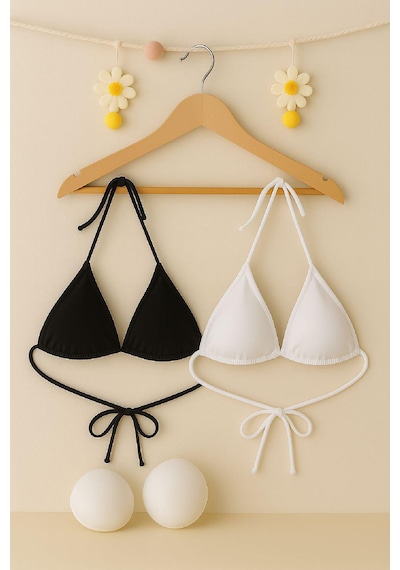 Moda Dua Kadın Siyah Ve Beyaz Minimal Kesim Üçgen Bikini Üstü Çok Renkli