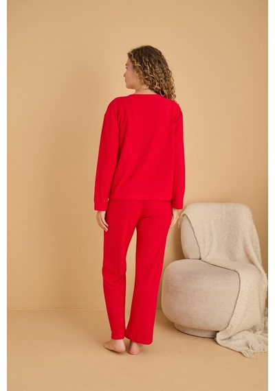 Siyah İnci Havlu Kumaş Örme Pijama Takım25226007 Kırmızı