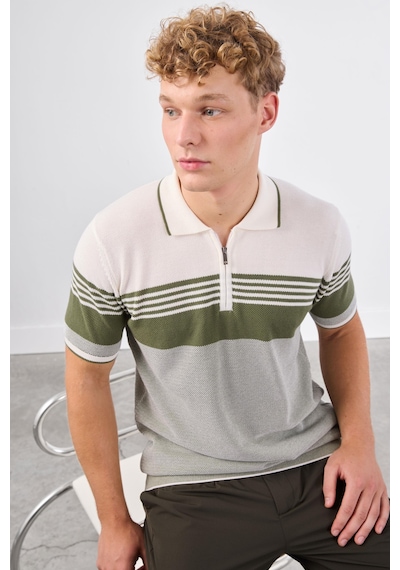 Dufy Haki Çizgili Yatay Desen Erkek Triko - Slim Fit Haki