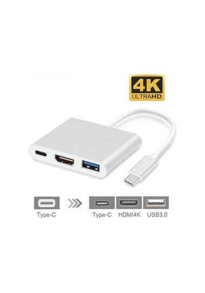 Ally 4K Type C Hdmi Görüntü Aktarıcı 3 In1 Şarj Usb Çıkışlı Kabl (293074694)-Gümüş