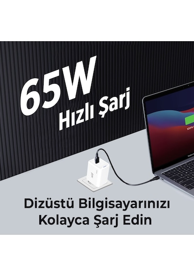 Bix BX1P65G GaN 65W Led Göstergeli Hızlı Şarj Cihazı Beyaz