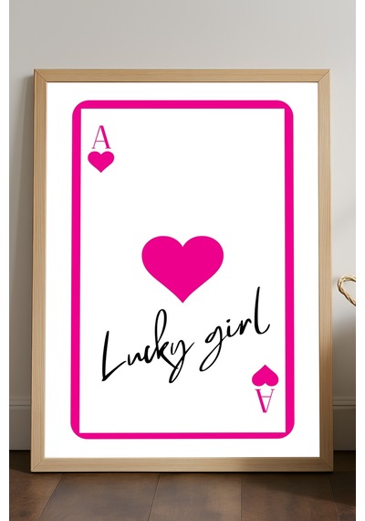 Lucky Girl Oyun Kartı Doğal Ahşap Çerçeveli Poster, Dekoratif Pembe Duvar Tablosu