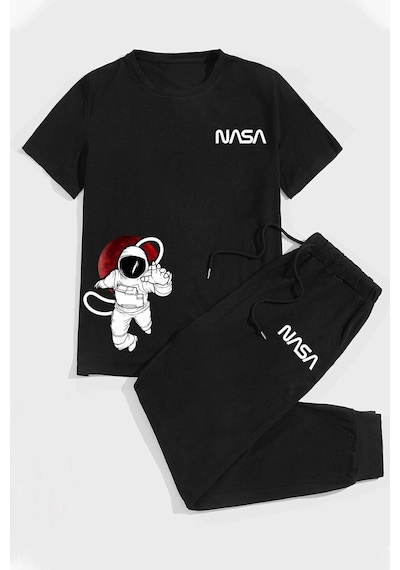 Uyguntarz Nasa Baskılı Pamuk Spor Eşofman Takımı Siyah-278607