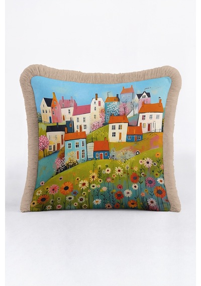 Çiçekli Köy Manzaralı Pastel Saçaklı Yastık Kılıfı - Kır Evleri Boho Krem Püsküllü Kırlent Kılıfı Sakin Esinti Aura Çiçekli Köy Manzaralı Pastel Saçaklı Yastık Kılıfı - Kır Evleri Boho Krem Püsküllü Kırlent Kılıfı Sakin Esinti Aura