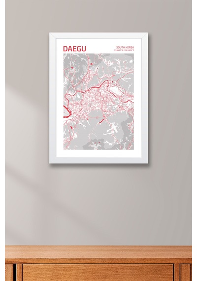 Daegu Güney Kore Haritası Çerçeveli Tablo Lüks Salon Ofis Duvar Dekorasyonu Hediyelik Tablo Beyaz