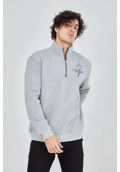 Erkek Yarım Fermuarlı Baskılı 3 İplik Pamuklu Sweatshirt - Gri