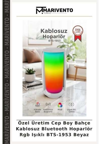 Özel Üretim Cep Boy Bahçe Kablosuz Bluetooth Hoparlör Rgb Işıklı Bts-1953 Beyaz