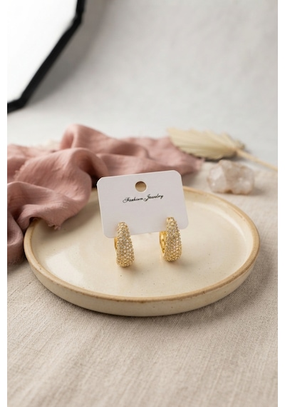 Gold Renk Zirkon Taşlı Damla Halka Model Kadın Küpe Altın