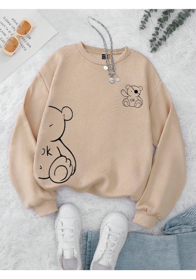 Startmore Kahverengi Unisex Erkek/kadın Ok Bear Özel Renkli Baskılı Oversize Pamuklu Bisiklet Yaka
