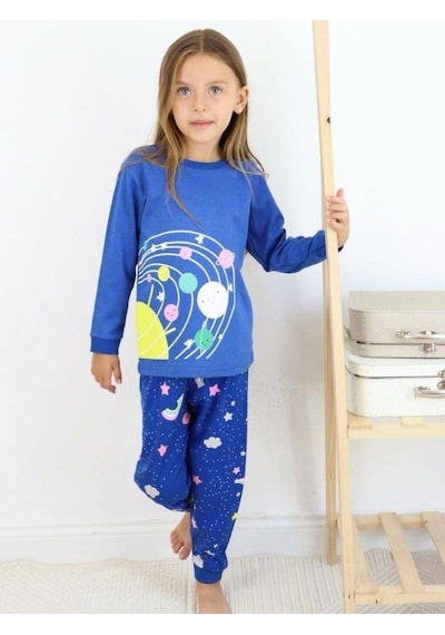Kız Çocuk Pamuklu Gezegen Baskılı Pijama-15272 Lacivert