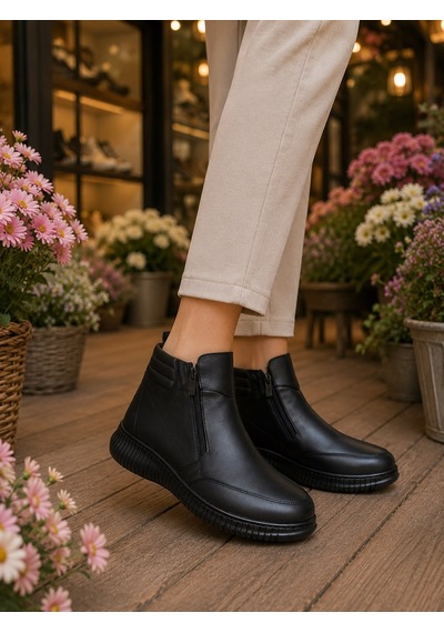 Beren Hakiki Deri Siyah Kadın Bot Ortopedik Düz Taban Çift Fermuarlı Comfort Casual Günlük Sneaker Bot