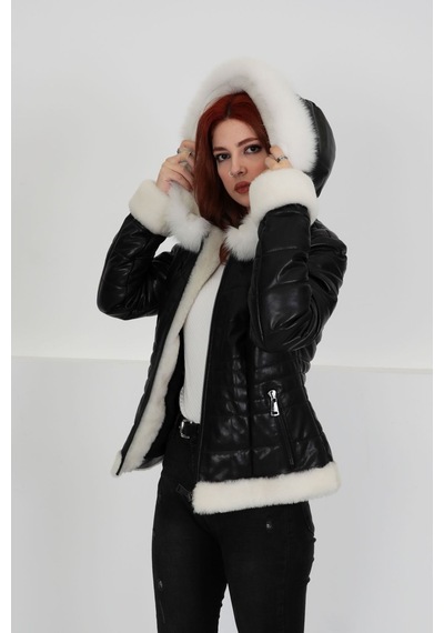 M M Marki Marki Siyah Özel Kürklü Şişme Hakiki Deri Mont, Kapüşonlu, 65 Cm, Fit Kesim, Kadın, Premium Dikiş Detaylı Siyah Deri - Beyaz Kürk