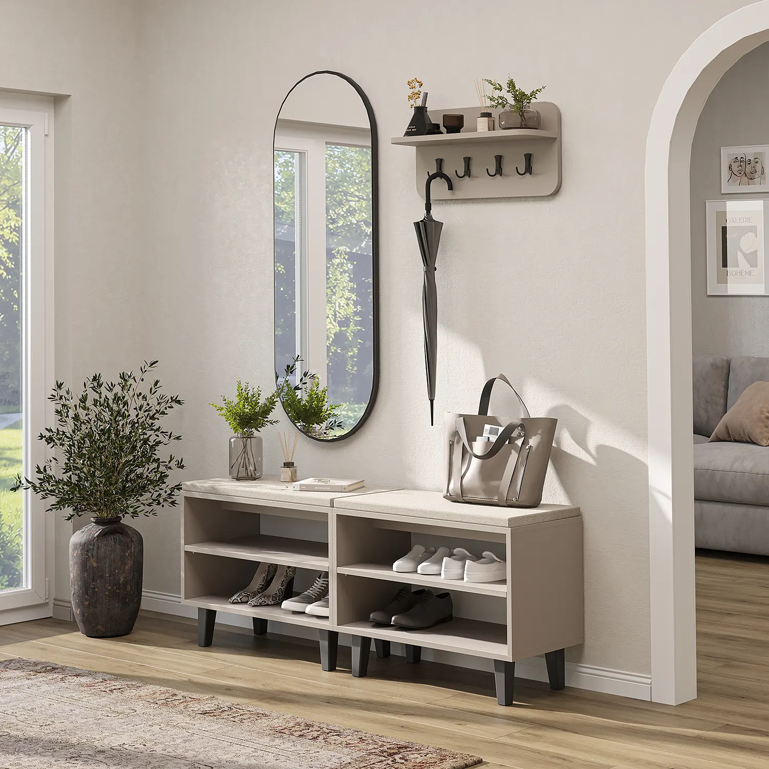 Nord Vestiyer Takımı Askılıklı, Modüler, Bench, Oval Aynalı Portmanto Takımı Kumtaşı