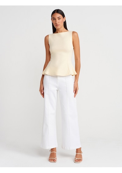 Dilvin 21001 Kayık Yaka Peplum Top-açık Sarı Açık Sarı