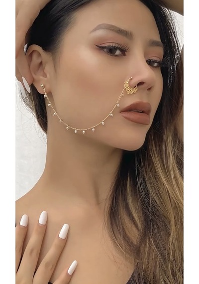 Girift Vintage Inci Kulak Ve Burun Zinciri - Hint Hızması Gold