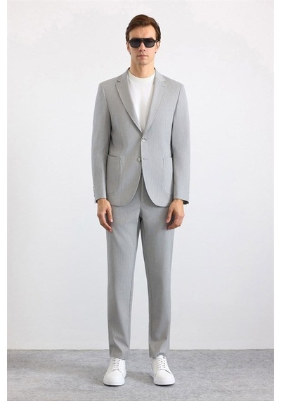 Süvari Gri Slim Mono Yaka Düz Torba Cep 6 Drop Takım Elbise Tk1006900398-s05