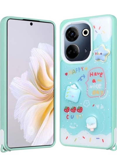 Tecno Camon 20 Kılıf Parlayan Simli Kabartma Figürlü Zore Cevze Kapak Yeşil