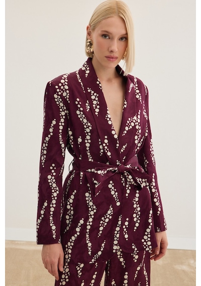 Sateen Desenli Uzun Ceket - Bordo-136475 Bordo