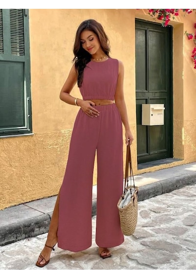Etiler Collection Kadın Yırtmaçlı Pantolon Lastikli Atlet Takım Gülkurusu