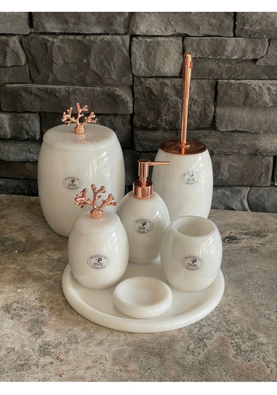 Beyaz Doğal Mermer Rose Gold Mercan Aksesuarlı Oval 7,li Banyo Seti Beyaz