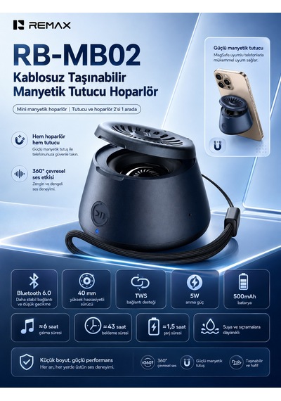 Remax Magsafe Magnetik 2'si 1 Aradatelefon Tutucu Şarjlı Mini Bluetooth Hoparlör 5w Rb-mb02 Lacivert