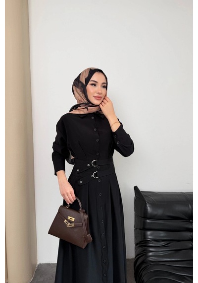Mihran Butik Valeno Model Coupra Model Kumaş Kemer Detaylı Elbise Siyah