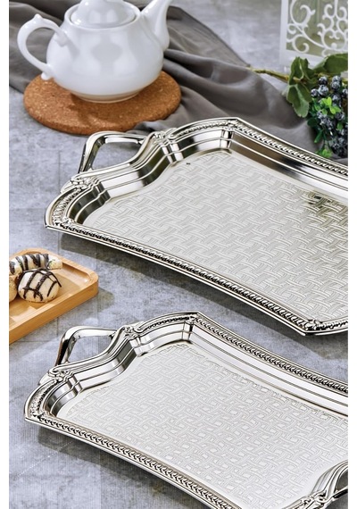 Tr Evenia Metal Dikdörtgen Gümüş Sunum Tepsisi, 2'li Set, 49x30 Cm Ve 37x23 Cm Genel