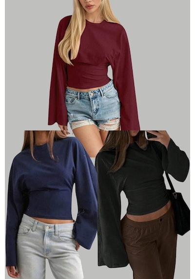 Siyah - Lacivert - Bordo 3lü Paket Kadın Uzun Kollu Belden Oturtmalı Bluz Lacivert - Siyah - Bordo