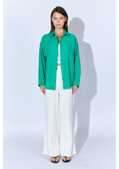 Manche Yeşil Modal Soft Dokulu Yumuşak Gizli Pat Detaylı Oversize Kadın Gömlek Mks168262-01