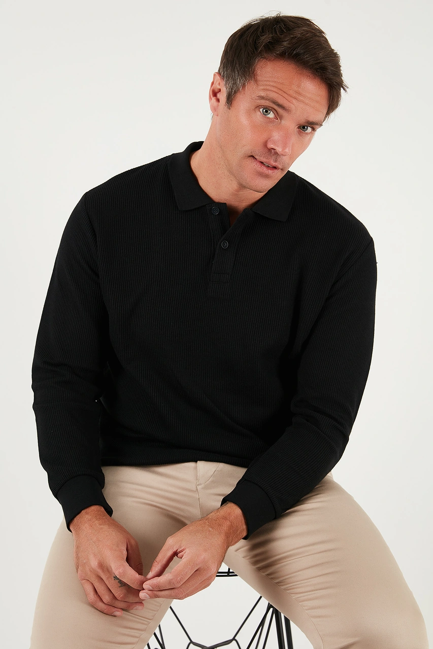 Buratti Pamuklu Regular Fit Düğmeli Polo Yaka Erkek Sweat 5905739 Siyah
