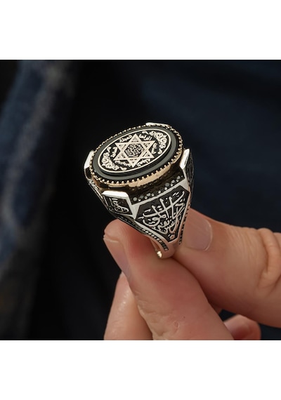Mührü Süleyman İşleme Oniks Taşlı 925 Gümüş Erkek Yüzük Beyaz