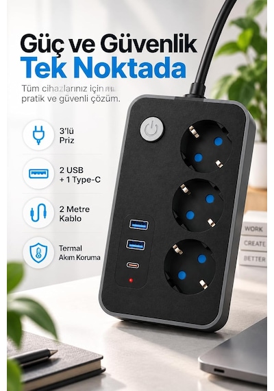 Tr Blic 3'lü Termal Akım Korumalı Uzatma Prizi 2 Metre Kablolu, 2 Usb + 1 Type-c Hızlı Şarj, Çocuk Korumalı, 0