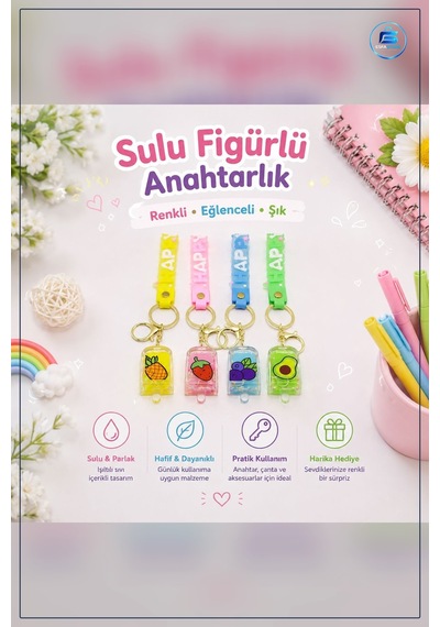 Mika Kristal Altın Kulplu Meyve Figürlü Sulu Anahtarlık Çanta Cüz Altın Rengi