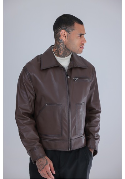 M M Marki Marki Erkek Fındık Rengi Hakiki Deri Ceket Oversize Kesim Fermuarlı Astarlı 64 Cm - 508922