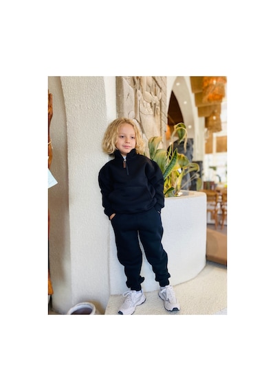 Heyadventure Erkek / Kız Çocuk Dik Yaka Sweatshirt Kangru Cepli 3 İplik Şardonlu Siyah Siyah