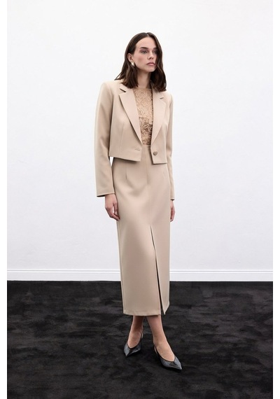 Sateen Yırtmaçlı Midi Etek - Bej-136985 Bej