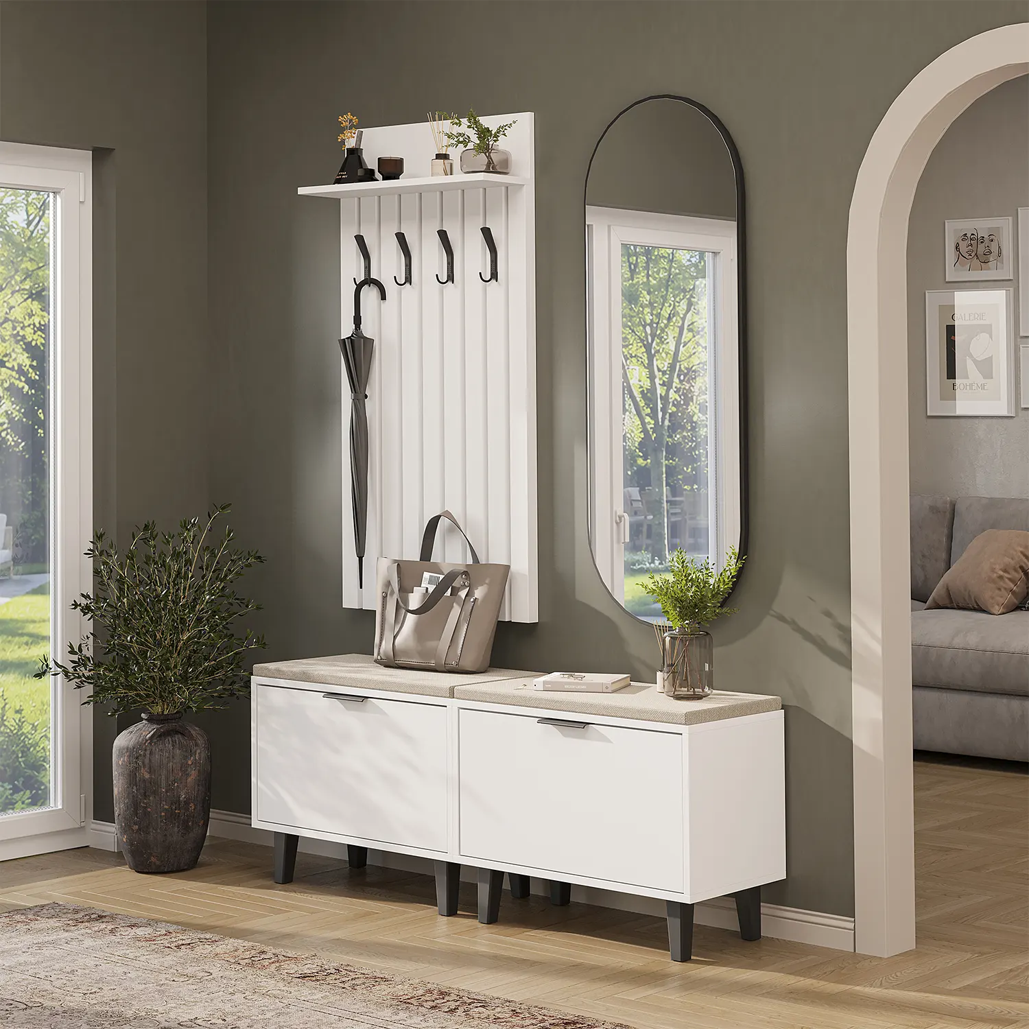 Nord Vestiyer Takımı Lambri Askılıklı, 2 Adet Kapaklı Bench, Modüler, Oval Aynalı Portmanto Takımı Beyaz Nord Vestiyer Takımı Lambri Askılıklı, 2 Adet Kapaklı Bench, Modüler, Oval Aynalı Portmanto Takımı Beyaz