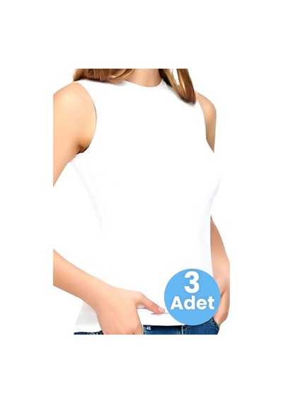 Uniquetrenders Kadın Sıfır Kol Bisiklet Yaka Pamuklu Atlet 3'lü Set Beyaz