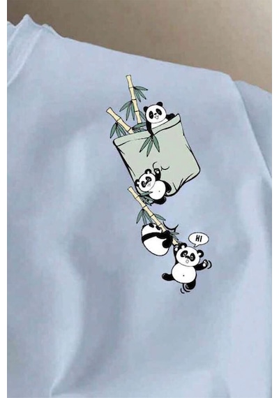 Bambu Panda Grafikli Cep Detaylı Kısa Kollu Oversize Unisex Bisiklet Yaka Tişört Turkuaz