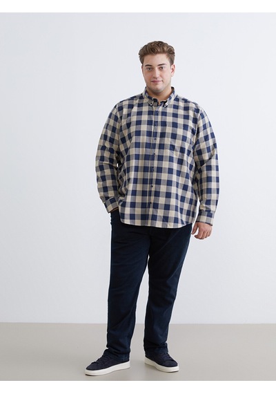 Lcwaıkıkı Classic Bej Büyük Beden Regular Fit Uzun Kollu Ekose Gabardin Erkek Gömlek