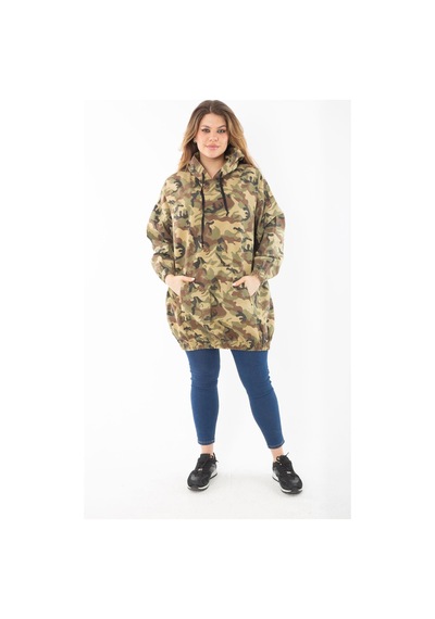 Şans Kadın Büyük Beden Haki Rahat Kesim Kamuflaj Desenli Kapşonlu Kanguru Cepli Uzun Sweatshirt 65n37298-haki Haki
