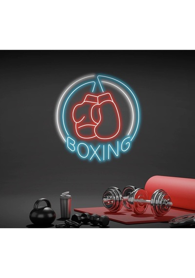 Boxıng Yazılı Ve Boks Eldiveni Figürlü Neon Tabela Turkuaz